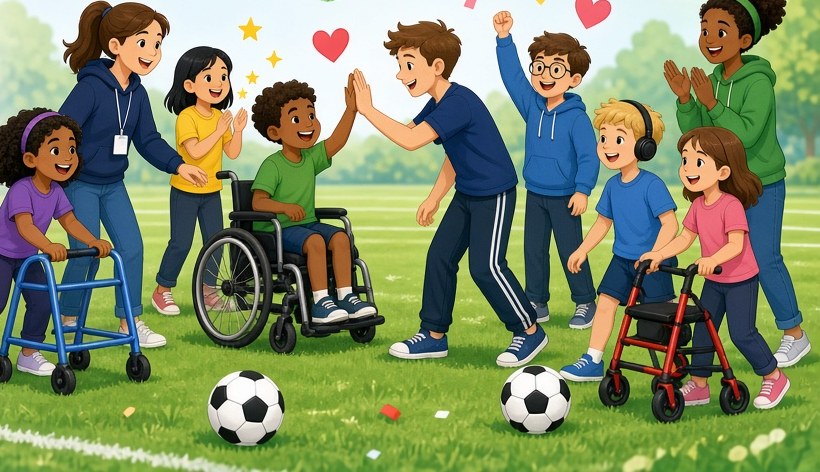 TOPSoccer players and their buddies on the field — a coach, kids using a wheelchair and walkers, and volunteers cheering and high-fiving.